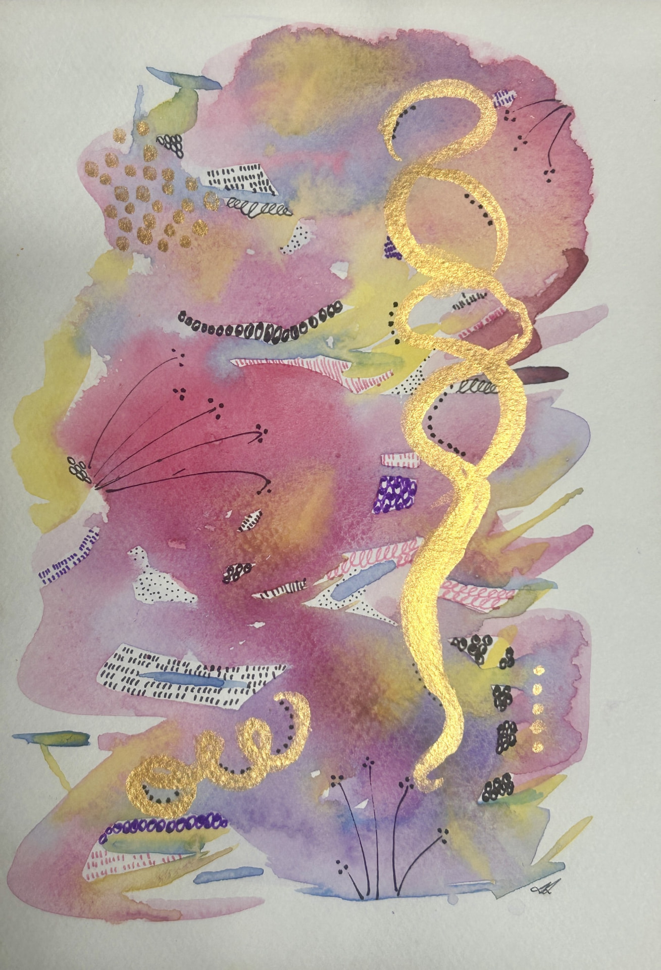 Abstract mixed-media collage in pink, purple and gold watercolour