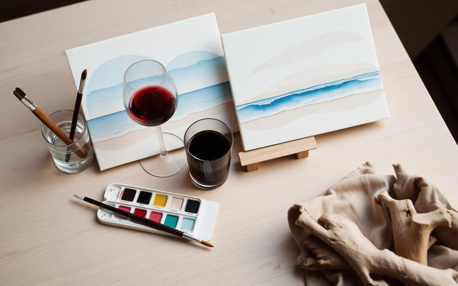 Watercolour palette, brushes, and a small canvas on a light wooden table